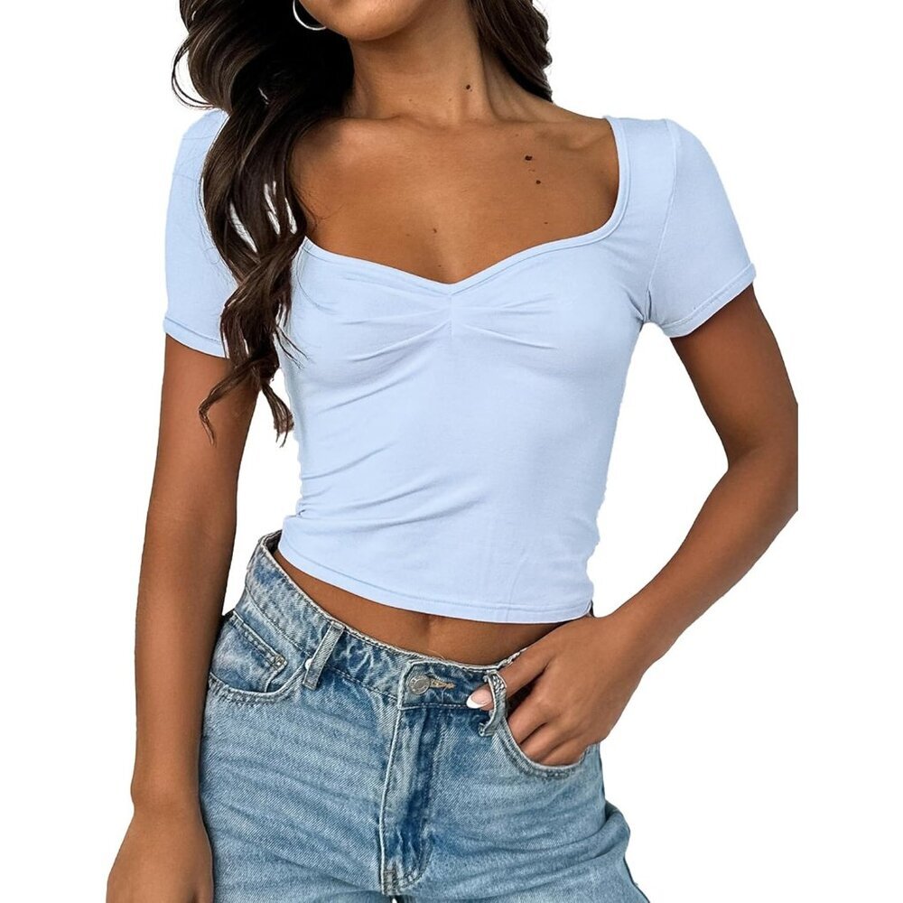 Women's Cropped Tops Baby Blue Short Sleeve Pleated Ruched Y2K Sweetheart Neck